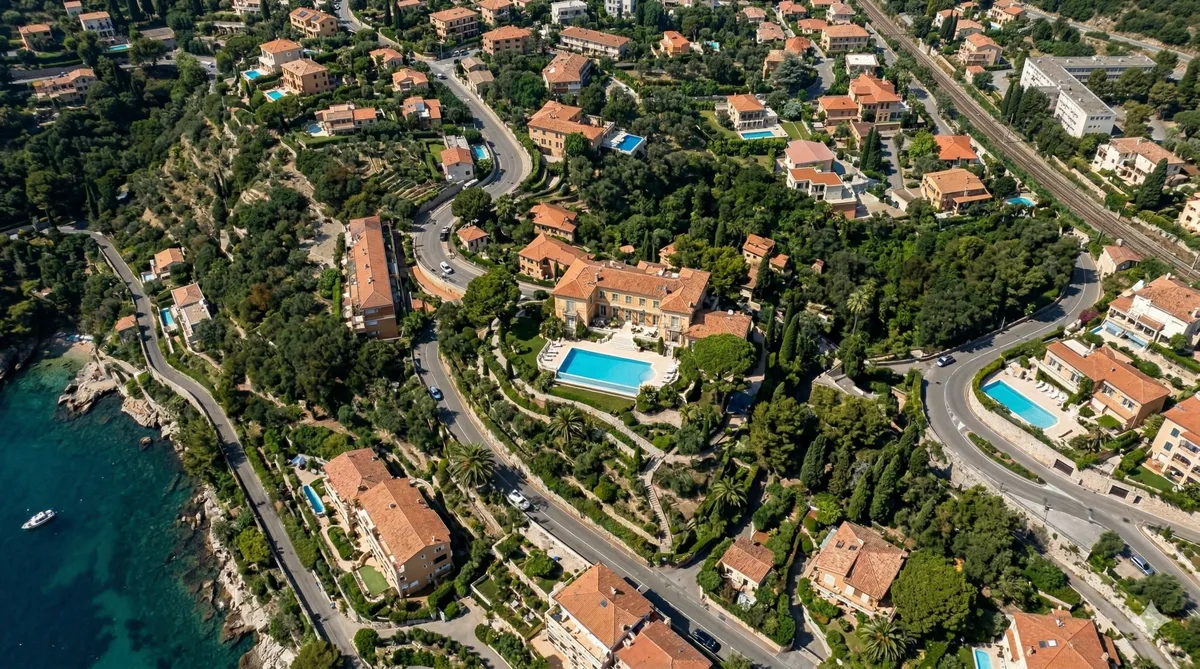 Vue aérienne Côte d'Azur — maisons avec piscine